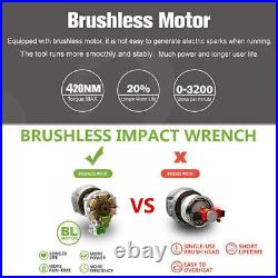 21V Brushless Impact Wrench Driver Cordless Li-Ion Battery 1/2 420NM 4 Sockets