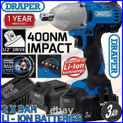 DRAPER Cordless Impact Wrench 1/2 Drive 400Nm Li-Ion 20V Brushless 2 x 3Ah